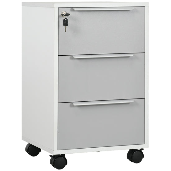 HOMCOM Mobile Filing Cabinet: 3-Drawer Vertical Unit with Lock & Wheels for Home Office, White/Grey.