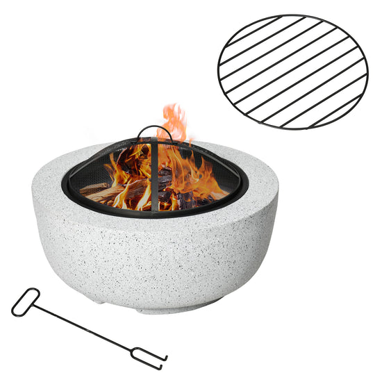 Outsunny 24" Outdoor Fire Pit with Stone Effect, Wood-burning Firepit Fireplace with Spark Screen and Poker for Backyard, Grey | The Comfy Couch Canada