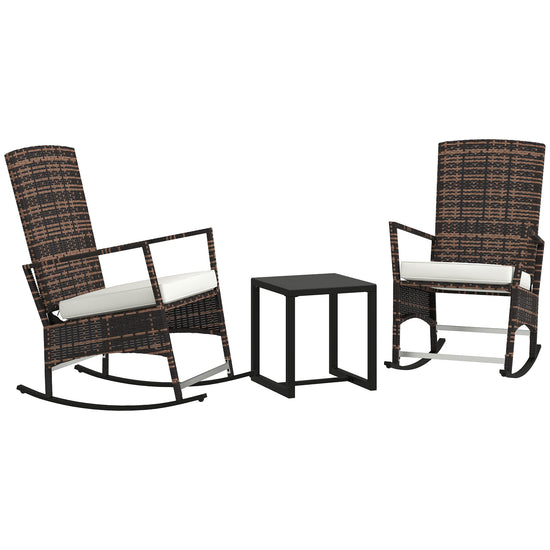 Outsunny 3 Piece Rocking Bistro Set, Wicker Patio Furniture with 3-Level Reclining High Back Rocking Chair and Glass Table, White | The Comfy Couch Canada