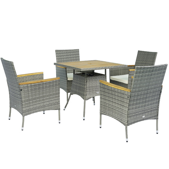 Outsunny 5 Piece Rattan Patio Dining Set with Umbrella Hole, Cushions, Outdoor Patio Table and Chairs for Garden Backyard, Teak | The Comfy Couch Canada