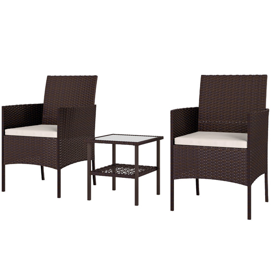 Outsunny Wicker Bistro Set, 3 Piece Patio Furniture Set with 2-Tier Glass Top Table, Cushions for Balcony, Porch, Beige | The Comfy Couch Canada