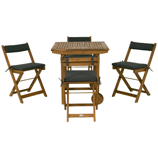 Outsunny 5 Pieces Wood Patio Dining Set, Wheeled Patio Table and Folding Chairs with Cushions for Garden Backyard Poolside, Teak | The Comfy Couch Canada