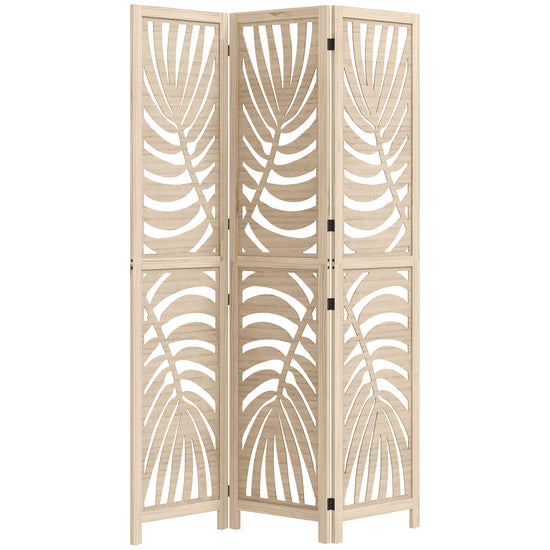 HOMCOM 3 Panel Room Divider, Detachable Folding Privacy Screens with Palm Leaf Design for Home Office, Natural Wood Finish.