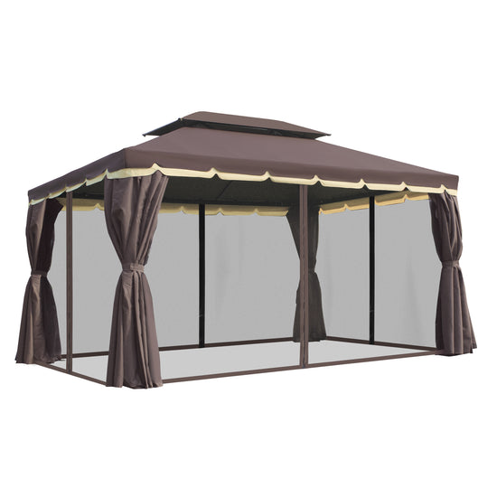 Outsunny Aluminum Frame Gazebo Canopy 10x13ft Double Tier Garden Shelter with Netting Curtains Coffee | The Comfy Couch Canada