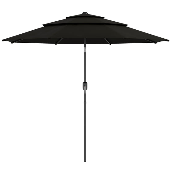 Outsunny 9FT Black Patio Umbrella 3 Tiers with Crank, Push Button Tilt for Outdoor Comfort on Deck, Backyard & Lawn - Find Shade | The Comfy Couch Canada