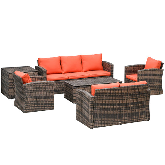 Outsunny 6 Pieces Wicker Patio Furniture Set with Cushions, 7-Seater Rattan Patio Sofa Set with Storage Table, Orange | The Comfy Couch Canada