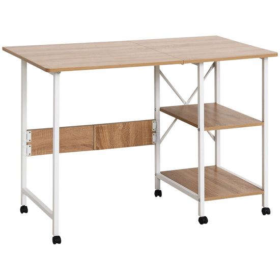 HOMCOM Folding Study Desk Storage Shelves Laptop Table Home Office Workstation 6 Wheels Natural | The Comfy Couch Canada
