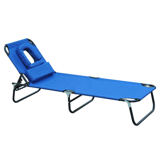 Outsunny Sun Lounger with Reading Hole Adjustable Garden Outdoor Reclining Chair Folding Camping Beach Bed Blue | The Comfy Couch Canada
