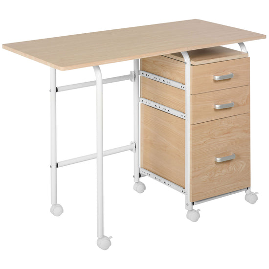 HOMCOM Foldable Desk: Drawers, Storage Shelf, Home Office Workstation, 6 Wheels, Space Saving | The Comfy Couch Canada