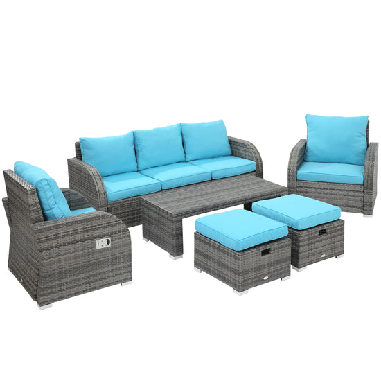 Outsunny 6 Pieces Patio Wicker Sofa Sets, Include 3-Seat Sofa, 2 Adjustable Recliners, 2 Footstools & Table Set, Sky Blue | The Comfy Couch Canada