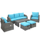 Outsunny 6 Pieces Patio Wicker Sofa Sets, Include 3-Seat Sofa, 2 Adjustable Recliners, 2 Footstools & Table Set, Sky Blue | The Comfy Couch Canada