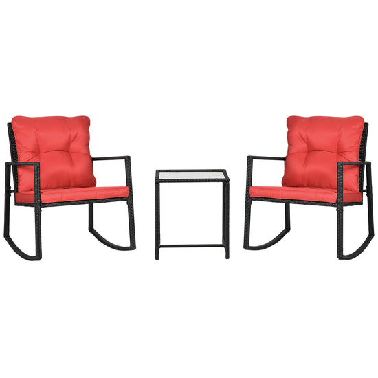 Outsunny 3 Pieces Rocking Bistro Set, Outdoor Wicker Patio Furniture with Glass Coffee Table and Outside Rocking Chairs for Porch | The Comfy Couch Canada