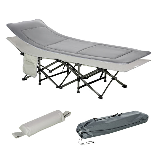 Outsunny Folding Camping Cot for Adults with Mattress Pillow Double Layer Oxford Heavy Duty Sleeping Cot Carry Bag Grey.
