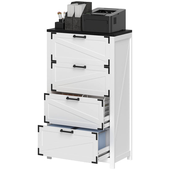 HOMCOM 4 Drawer Filing Cabinet, Farmhouse Office Storage Cabinet with Adjustable Hanging Bars for Letter, A4, Legal Size, White.