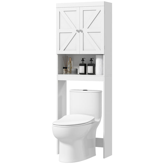 HOMCOM Over The Toilet Bathroom Cabinet Modern Above Toilet Storage Barn Doors Open Shelf White | The Comfy Couch Canada