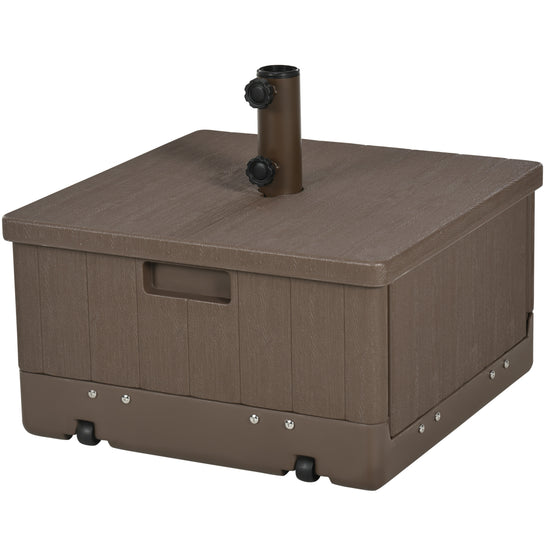 Outsunny 3-in-1 Outdoor Umbrella Base with Wheels, Side Table, Planter Box, 175lbs Heavy Duty Patio Umbrella Stand, Brown | The Comfy Couch Canada