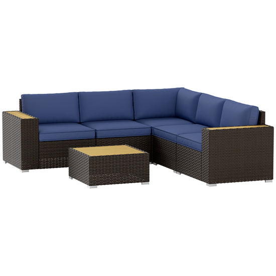 Outsunny 6 Pieces Outdoor Rattan Patio Furniture Set with Corner Sofa, Wood-Plastic Coffee Table, Navy Blue | The Comfy Couch Canada