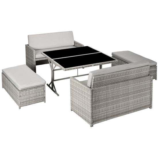 Outsunny 5 Pieces Patio Dining Set, Conversational Rattan Loveseat and Dining Table with Tempered Glass Tabletop and Cushions, Gray.