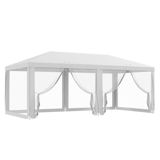 Outsunny Shaded Sanctuary: 19x9ft Party Tent Gazebo Canopy, Outdoor Sun Shade with Mosquito Netting, White Elegance | The Comfy Couch Canada