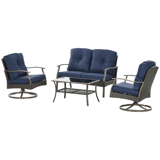 Outsunny 4 PCS Outdoor PE Rattan Sofa Set Patio Wicker Cushioned Conversation Furniture with Two-Tier Glass Top Coffee Table Navy Blue | The Comfy Couch Canada