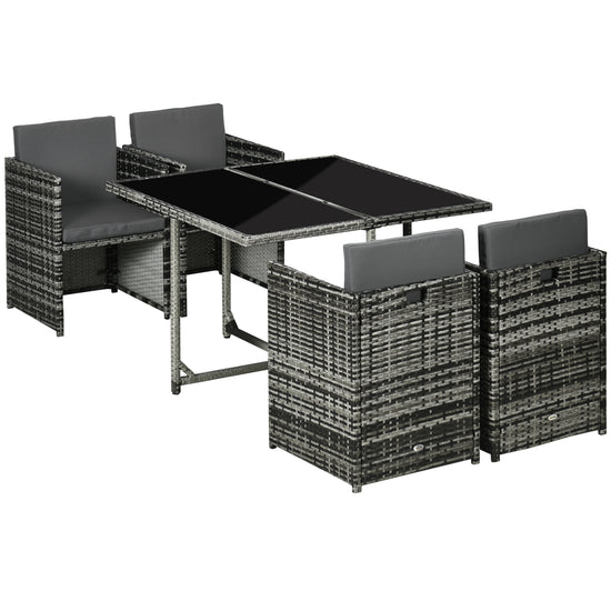 Outsunny 5PC Outdoor Dining Set Wicker Patio Furniture Conversation Bistro with Cushions Tempered Glass Table Gray | The Comfy Couch Canada