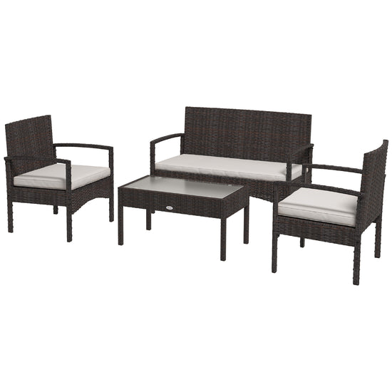 Outsunny 4-Piece Patio Furniture Set Loveseat Sofa Armchairs Glass Table Outdoor Wicker Conversation Set White | The Comfy Couch Canada