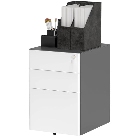 Vinsetto 3 Drawer Filing Cabinet, Home Office Storage Cabinet with Wheels, Lock for A4, Letters, Legal-sized Files, Grey and White | The Comfy Couch Canada
