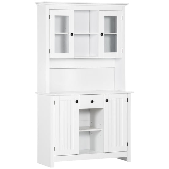 HOMCOM Farmhouse Flair: Freestanding Kitchen Pantry Buffet with Hutch, Microwave Stand, Storage Drawer, Beadboard Panel in White | The Comfy Couch Canada