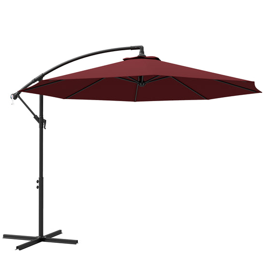 Outsunny 9.7ft Offset Patio Umbrella Garden Hanging Parasol Banana Cantilever Umbrella with Base, Crank, Wine Red | The Comfy Couch Canada