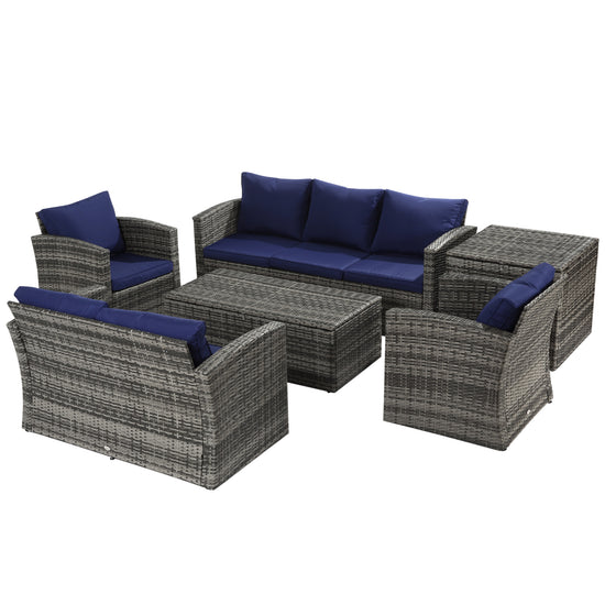 Outsunny 6 Piece Patio Furniture Set, Rattan Wicker Patio Sofa Set Sectional Outdoor Conversation Sofa Set Storage Table & Cushions, Navy Blue | The Comfy Couch Canada