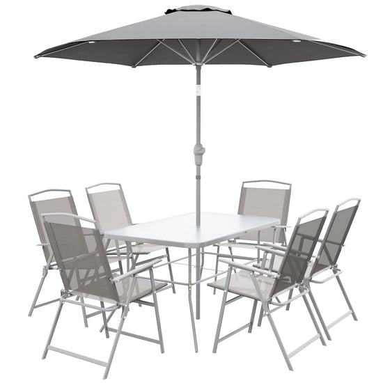 Outsunny 8 Piece Patio Dining Set with Table Umbrella, 6 Folding Chairs and Rectangle Dining Table, Grey | The Comfy Couch Canada