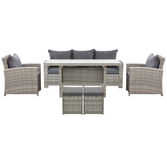 Outsunny 6 Pcs Patio Furniture Set, Rattan Outdoor Furniture Set with 3 Seater Sofa, Armchairs, Footstools and Table, Light Grey | The Comfy Couch Canada