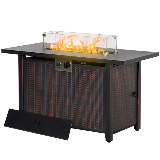 Outsunny 43" Outdoor Propane Gas Fire Pit Table, Wicker Patio Gas Firepit w/ Glass Wind Guard, 50,000 BTU CSA Certified Bronze | The Comfy Couch Canada