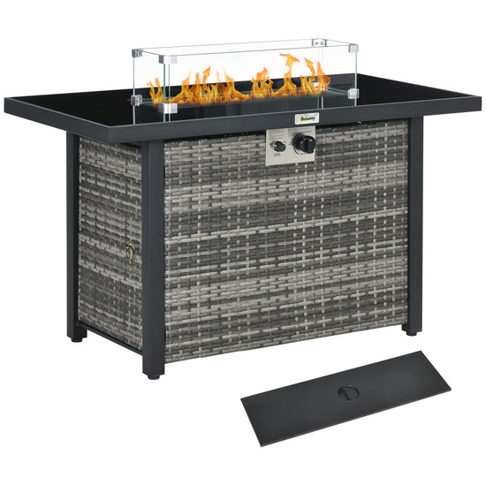 Outsunny 43 Inch Propane Fire Pit Table, 50,000 BTU Pulse-Ignition Wicker Firepit Furniture with Glass Wind Guard, Blue | The Comfy Couch Canada