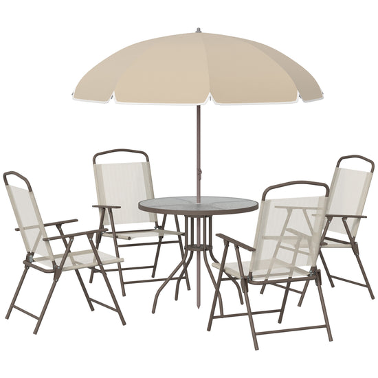 Outsunny 6PC Patio Dining Set Outdoor Furniture with Umbrella Round Table 4 Folding Chairs Cream-white | The Comfy Couch Canada