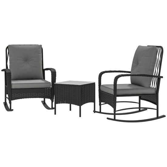 Outsunny 3 Pieces Rattan Bistro Set, Wicker Patio Furniture with Rocking Chairs, Thick Cushions for Porch Balcony, Grey | The Comfy Couch Canada