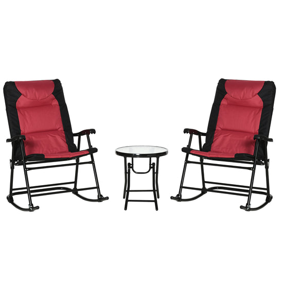 Outsunny 3pc Outdoor Folding Rocking Chair and Table Set Camping Yard Lounger Seat Patio Bistro Set w/ Padded Seat Red | The Comfy Couch Canada