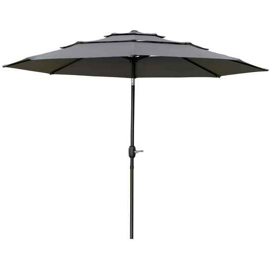 Outsunny 9FT 3-Tier Patio Umbrella: Outdoor Market Umbrella with Crank, Push Button Tilt for Deck & Lawn, Light Grey | The Comfy Couch Canada