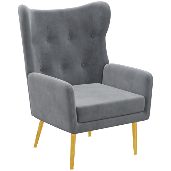 HOMCOM Sophisticated Wingback Flair: Fabric Armchair with Gold Metal Legs for Living Room, Bedroom, Home Office, Grey.