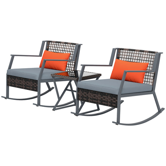 Outsunny 3 Pieces Rocking Bistro Set, Wicker Patio Furniture Set with Cushions and Glass Table for Porch, Balcony, Grey | The Comfy Couch Canada