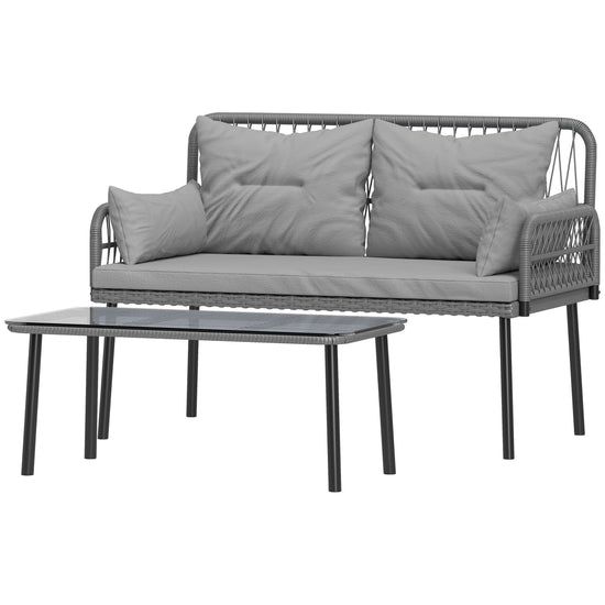 Outsunny 2 Pieces Wicker Patio Furniture Set, Small Patio Seat with Outdoor Loveseat, Glass Top Table and Cushions, Light Grey | The Comfy Couch Canada