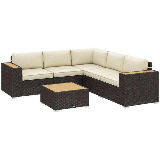 Outsunny 6 Pieces Outdoor Rattan Patio Furniture Set with Corner Sofa, Wood-Plastic Coffee Table, Light Khaki | The Comfy Couch Canada