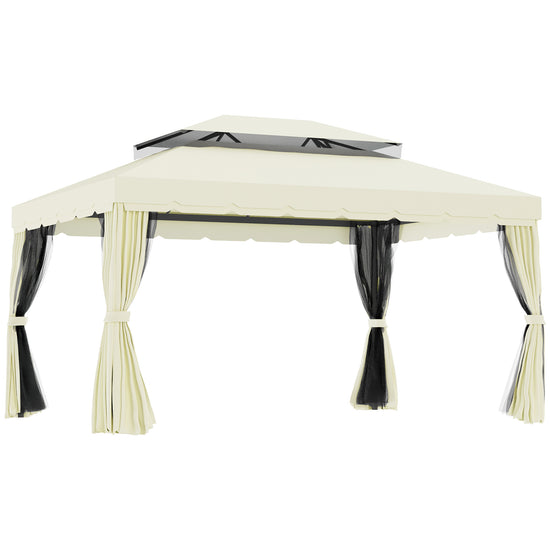 Outsunny 10 x 13ft Aluminum Frame Gazebo Canopy Double Tier Garden Shelter with Netting and Curtains, Cream White.