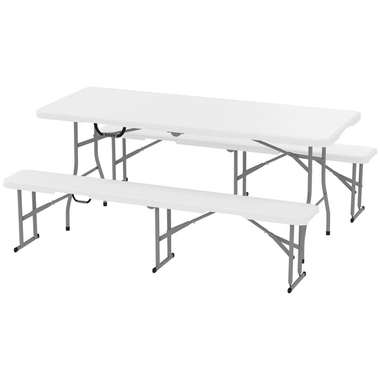 Outsunny 6FT 3-Piece Portable Outdoor Camping Table Bench Set with Carrying Handles, Folding Picnic Table with 2 Benches, White | The Comfy Couch Canada