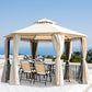 Outsunny 13ft Hexagon Gazebo Outdoor Canopy Shelter with Netting and Shaded Curtains Beige | The Comfy Couch Canada