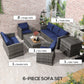 Outsunny 6 Piece Patio Furniture Set, Rattan Wicker Patio Sofa Set Sectional Outdoor Conversation Sofa Set Storage Table & Cushions, Navy Blue | The Comfy Couch Canada
