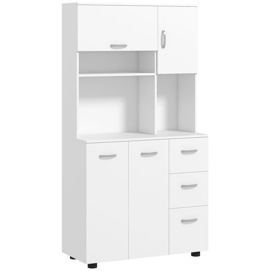 HOMCOM Freestanding Kitchen Microwave Cabinet Tall Cabinet with Doors Drawers Shelves, White | The Comfy Couch Canada