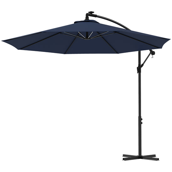 Outsunny 10ft Cantilever Hanging Offset Patio Umbrella Solar LED Lights Crank Cross Base Aluminum Blue | The Comfy Couch Canada