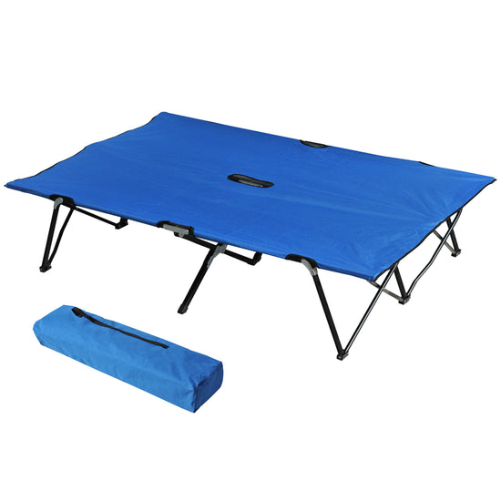 Outsunny 76 Two Person Folding Camping Cot Outdoor Portable Double Cot Wide Military Sleeping Bed w/ Carrying Bag Blue | The Comfy Couch Canada