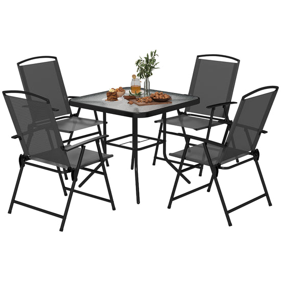 Outsunny 5 Pieces Outdoor Patio Dining Set with Glass Top Table and 4 Mesh Folding Chairs, Small Outdoor Patio Furniture, Grey | The Comfy Couch Canada